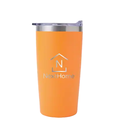 Orange tumbler with a lid featuring a logo on the side, designed for home use.