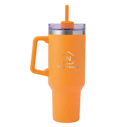 Orange insulated travel mug featuring a straw, designed for keeping beverages hot or cold during travel.