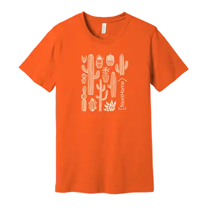 An orange t-shirt featuring a graphic of various cactus plants in a playful design.