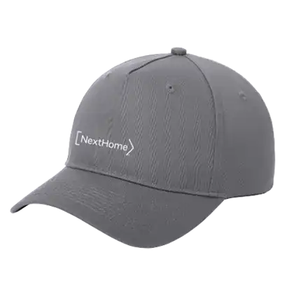 Gray baseball cap featuring the logo "NextHome" embroidered in white on the front.