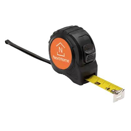 A black and orange NextHome branded tape measure extending a yellow measuring tape, ideal for home improvement projects.
