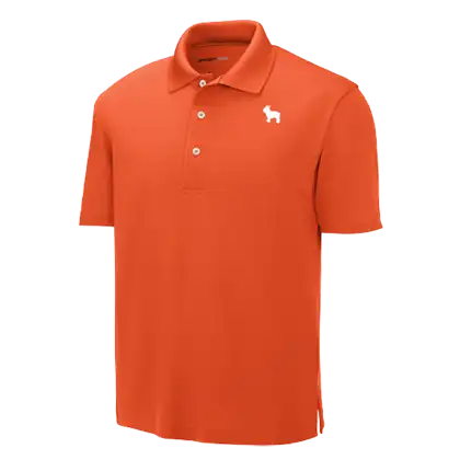 Bright orange polo shirt with a classic collar, featuring a small white dog logo on the left chest. 