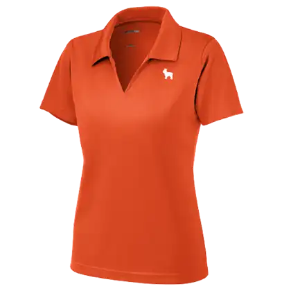 A vibrant orange polo shirt with a classic collar and a small white dog logo on the left chest, designed for women's casual wear.