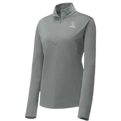 Women's grey performance quarter-zip pullover displayed on a neutral background.