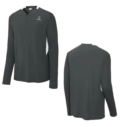 Men's performance quarter zip shirt displayed in charcoal and white colors.